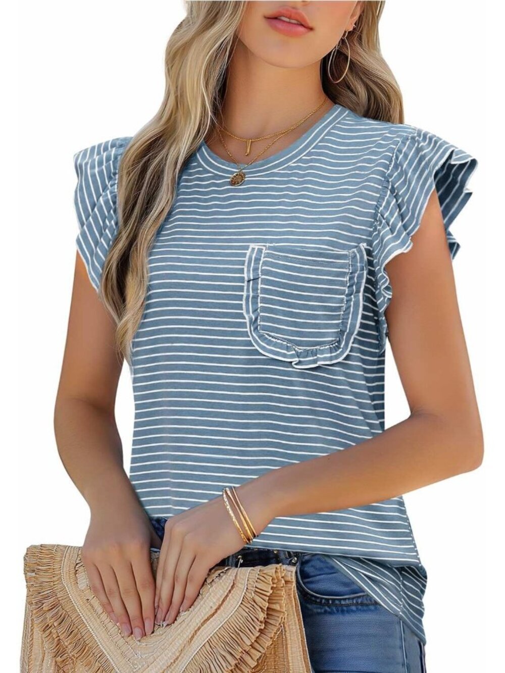 Women's T-Shirts Blue Ruffle Short Sleeve Crew Neck Casual Blouses with Pocket